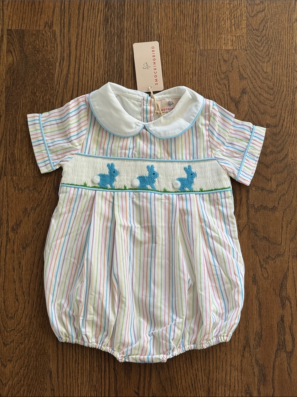 Smocked Embroidered Pastel Striped Bunny Romper Smockingbird New With Tags